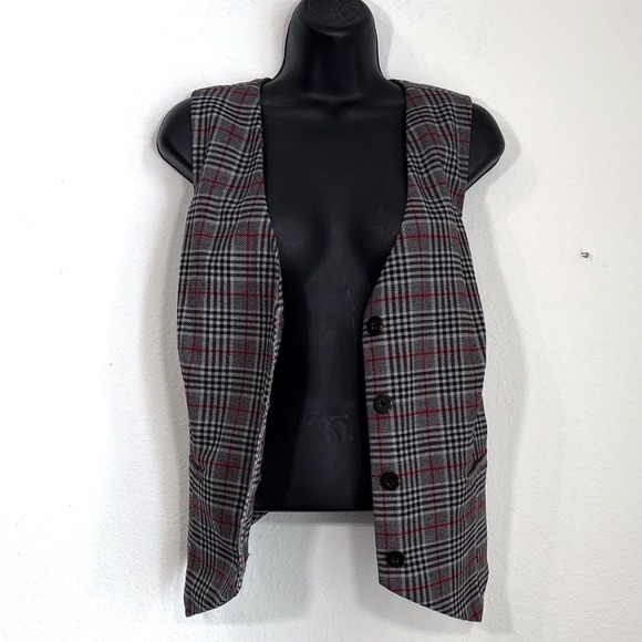 Plaid Vest Women's XXL Sleeveless Button Up Blazer Top Gray Red Dark Academia - Picture 2 of 12